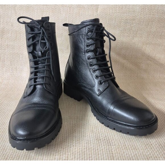 NWOT CALVIN KLEIN Men's 7.5 Black CMLorenzo Pebbled Leather Combat Boots Lace Up - Picture 1 of 11
